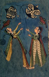 Girls Flying Kits, Kullu Folk Painting, Himachal Pradesh af Indian School