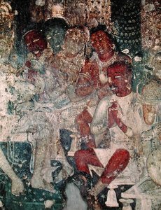 Gruppe af figurer, fra det indre af Cave 16 (fresco) af Indian School