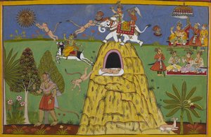 Hanuman springer efter solen; Indra rammer ham og får ham til at falde af Indian School