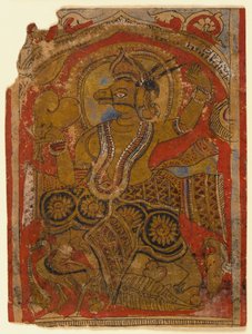 Harinegameshin bærer embryoet, fragment af et blad fra en spredt Kalpasutra (wc & guld på papir) af Indian School