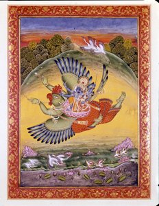 Hinduisme: repræsentation af fuglen Garuda, der bærer Vishnu (eller Vishnu), en stor hinduistisk guddom, og hans kone Lakhmi af Indian School