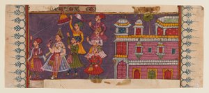 Hellige mænd og hoffolk samles før en prins (ugennemsigtigt wc og guld på papir) (se 406510 for verso) af Indian School
