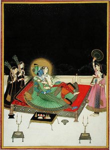 I. 67.23 Radha og Krishna beundrer sig selv i spejlet, ca. 1800 (vellum) af Indian School