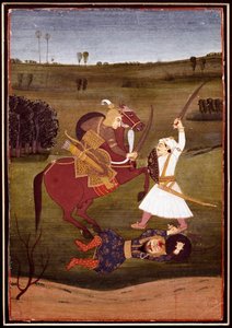 Indisk kunst: "" kamp mellem en prins til hest og en kriger""" En dæmon liggende på jorden. Miniature af skolen i Bikaner. 1765 Privat samling af Indian School