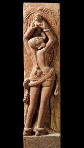 Indisk kunst: reliefstrømper, der repræsenterer en mor og hendes barn. Periode Kouchane (Kouchan eller Kushan) 1. århundrede - New Delhi, nationalmuseum af Indian School