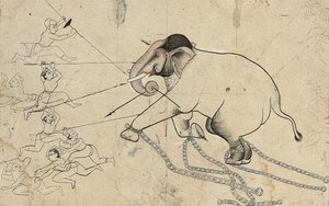 Isarda eller kotah forberedende tegning af tæmning af en elefant, ca. 1720 af Indian School