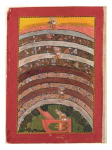 På rejse gennem ukendte lande, fra Krishnas rejser i hans vogn, ca. 1750 (ugennemsigtigt wc, guld og sølv på papir) af Indian School