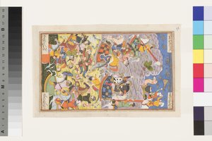 Khusrau II Parviz og Bahram Chobin: Det andet slag, 1608 (ugennemsigtigt wc & guld på papir) af Indian School