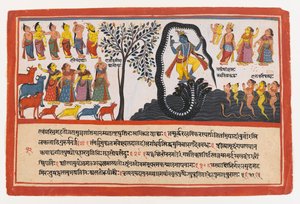 Krishna Conquers the Serpent Kaliya, side fra en Dispersed Bhagavata Purana Series, ca. 1775 (ugennemsigtigt wc & guld på papir) af Indian School