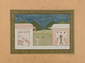 Krishna Stealing Curds, ca. 1775 (ugennemsigtigt wc & guld på papir) af Indian School