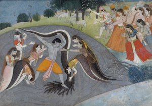 Krishna undertrykker Kaliya, Slangedæmonen, ca. 1785 af Indian School