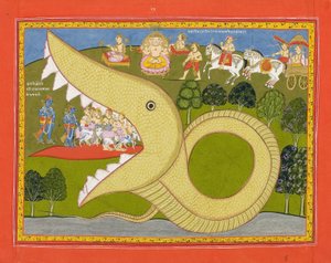 Krishna og kohyrderne går ind i Agasuras mund, ca. 1800 (ugennemsigtigt wc & guld på papir) af Indian School