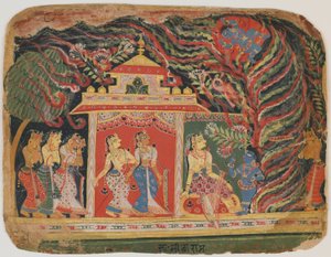 Krishna båret bort af hvirvelvindsdæmonen fra en Bhagavata Purana. c.1520-30 (ugennemsigtigt wc på papir) af Indian School