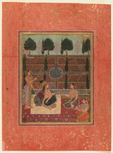 Damer på en terrasse, Mughal Style, ca. 1700-10 (wc på guldfarvet papir) af Indian School