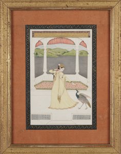 Dame lokker en påfugl med en perlestreng, ca. 1800 (gouache og guld på papir) af Indian School