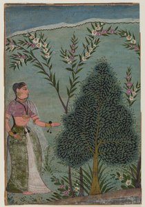 Dame i ørkenen, fragment af en side fra en Bhagavata Purana-serie, ca. 1590-1600 (wc & guld på papir) af Indian School