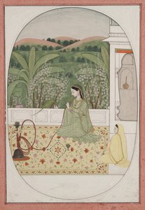 Dame på terrasse med vandpibe, ca. 1770 (gouache og guld på papir) af Indian School