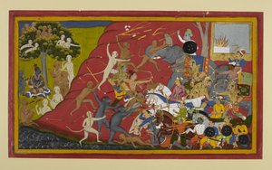 Lakṣmaṇa, Hanumān og Vibhīṣaṇa angriber Indrajit; nyheden når Rāma af Indian School