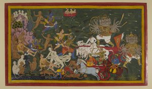 Lakṣmaṇa og Vibhīṣaṇa sårer Rāvaṇa; Lakṣmaṇa bliver såret, og Hanumān bliver sendt til Himalaya. af Indian School