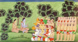 Lakshmana konsulterer lederne af abehærene, fra Ramayana af Indian School