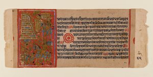 Blad fra et spredt Jain-manuskript af Kalakacharya-katha, ca. 1450-1475 (ugennemsigtigt wc & guld på papir) af Indian School