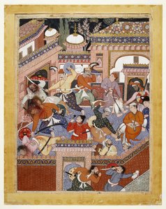 Anført af Songhur Balkhi og Lulu spionen, skar ayyarerne struben over fængselsvogterne og Free Said Farrukh-Nizhad, 1557 - 1572 (ugennemsigtig akvarel og guld på bomuldsklud) af Indian School