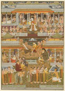 Elskere og elskede: En sammensætning af scener fra persisk, urdu og sanskritlitteratur, ca. 1735 (ugennemsigtig akvarel med guld på papir) af Indian School