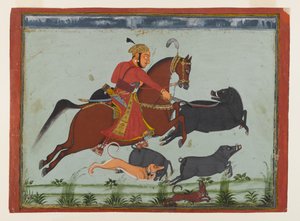 Maharaja Pratap Singh II af Mewar Hunting Boar, ca. 1750-75 (akvarel, guld og sølv på papir) af Indian School