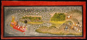 Maharana Jagat Singh II hawking og ornejagt, ca. 1740 (ugennemsigtig w/c, sølv og guld på papir, monteret på en albumside) af Indian School
