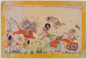 Mahasura angriber Devi, folio fra en spredt Devi Mahatmya-serie, ca. 1770-80 (wc på papir) af Indian School