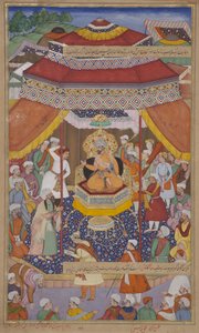 Mangu Khan dømmer oprørerne, 1595 (ugennemsigtigt wc & guld på papir) af Indian School
