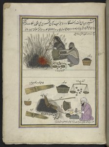 Mænd og kvinder rister vandkastanjer,  86 tegninger indbundet i et bind, der viser håndværk og erhverv i Kashmir, håndværkere vises i arbejde med deres redskaber og udstyr,  Af en Kashmir-kunstner, sandsynligvis i Srinagar, ca. 1850-60 (gouache på papir af Indian School