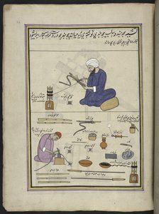 Mænd, der dækker vandpibe-slanger med tråd og tråd,  86 tegninger indbundet i et bind, der viser håndværk og erhverv i Kashmir, håndværkere vises i arbejde med deres redskaber og udstyr,  Af en Kashmir-kunstner, sandsynligvis i Srinagar, ca. 1850-60 (gouac af Indian School