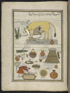 Mælkemand fra Gujar-kasten og hustru,  86 tegninger indbundet i et bind, der viser håndværk og erhverv i Kashmir, håndværkere vises i arbejde med deres redskaber og udstyr,  Af en Kashmir-kunstner, sandsynligvis i Srinagar, ca. 1850-60 (gouache på papir) af Indian School