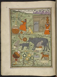 Mælkemænd fra Gujar-kasten i skoven,  86 tegninger indbundet i et bind, der viser håndværk og erhverv i Kashmir, håndværkere vises i arbejde med deres redskaber og udstyr,  Af en Kashmir-kunstner, sandsynligvis i Srinagar, ca. 1850-60 (gouache på pap af Indian School