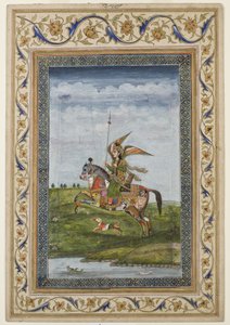 Miniature, der viser en scene af en bevinget skikkelse på en hest, sandsynligvis Delhi-skole, Mughal, indisk, tidligt i det 19. århundrede (akvarel og forgyldning på papir)