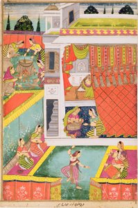 Miniaturemaleri, der fejrer fødslen af et barn, muligvis Aurangabad, Deccan (ugennemsigtige mineralfarver på brunpapir) af Indian School