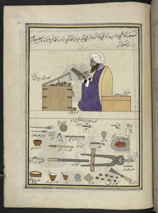 Papirmaché maler,  86 tegninger indbundet i et bind, der viser håndværk og erhverv i Kashmir, håndværkere vises i arbejde med deres redskaber og udstyr,  Af en Kashmir-kunstner, sandsynligvis i Srinagar, ca. 1850-60 (gouache på papir) af Indian School