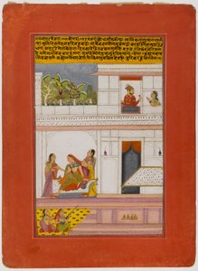 Patamanjari Ragini, Side fra en Dispersed Ragamala Series, begyndelsen af det 18. århundrede (ugennemsigtigt wc & guld på papir) af Indian School