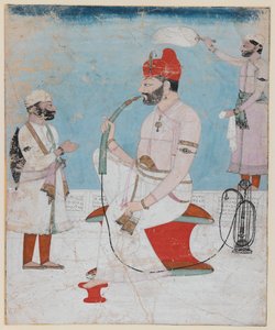 Portræt af Raja Sansar Chand af Kangra, ca. 1800-10 (ugennemsigtigt wc & guld på papir) af Indian School
