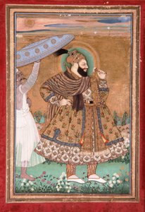 Portræt af Sultan Abul Hasan af Golconda, stående, ca. 1675 (ugennemsigtigt wc & guld på papir) af Indian School
