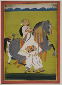 Portræt af Thakur Surtan Singh af Nimbaj, til hest med ledsagere til fods, 1820 (gouache på indisk papir) af Indian School