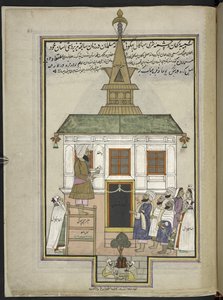 Prædikant og tilbedere ved træmoskeen Shah Hamadan, Srinagar, oprindeligt Mahakali Bhagwatis helligdom,  86 tegninger indbundet i et bind, der viser håndværk og erhverv i Kashmir, håndværkere vises i arbejde med deres redskaber og udstyr af Indian School