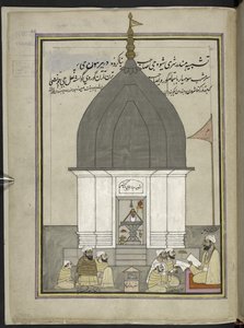 Præst og tilbedere ved Shiva-templet, Srinagar,  86 tegninger indbundet i et bind, der viser håndværk og erhverv i Kashmir, håndværkere vises i arbejde med deres redskaber og udstyr,  Af en Kashmir-kunstner, sandsynligvis i Srinagar, ca. 1850-60 (gå af Indian School