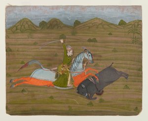 Prince Hunting Wild Boar (miniaturemaleri), 1765 (ugennemsigtigt wc & guld på papir) af Indian School