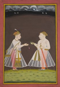 Sandsynligvis et portræt af Rana Raj Singh fra Udaipur (1661-81), der tilbyder pan til en adelsmand, 1820 af Indian School