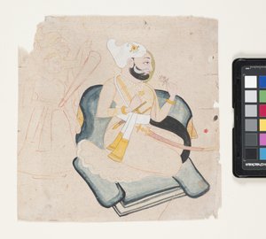 Profil af knælende prins med to ledsagere (penselblæk og akvarel på papir) af Indian School