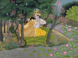 Radha og Krishna omfavnes i en lund af blomstrende træer, ca. 1780 (wc på papir)