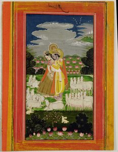 Radha og Krishna omfavner sig i et idealiseret landskab med køer, ca. 1780 (ugennemsigtigt wc på papir) af Indian School