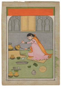 Radha i køkkenet, ca. 1810 (uigennemsigtige pigmenter og guld på wasli) af Indian School
